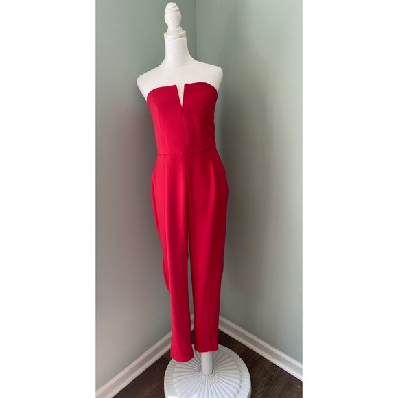 Topshop Plunge Jumpsuit Red Strapless - Picture 3 of 5